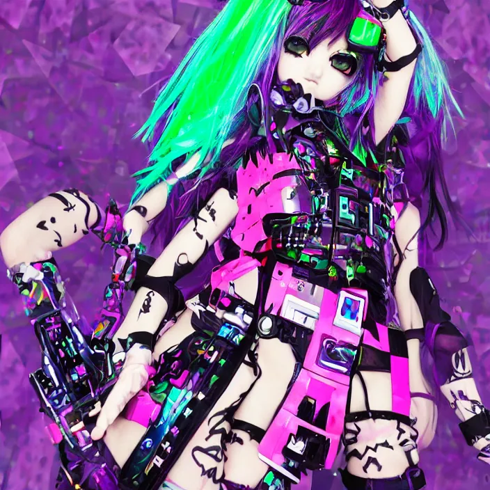 Image similar to maximalist emo anime girl, cybergoth, rainbowcore, vhs monster high, glitchcore witchcore, checkered spiked hair, pixiv