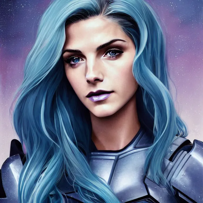 Image similar to portrait of a combination of Ashley Greene, Katheryn Winnick, Victoria Justice, Adriana Dxim, Grace Kelly and Emma Watson with blue hair wearing Interceptor's armor from Anthem, countryside, calm, fantasy character portrait, dynamic pose, above view, sunny day, thunder clouds in the sky, artwork by Jeremy Lipkin and Giuseppe Dangelico Pino and Michael Garmash and Rob Rey and Greg Manchess and Huang Guangjian, very coherent asymmetrical artwork, sharp edges, perfect face, simple form, 100mm