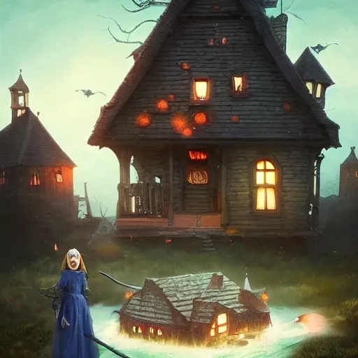 Image similar to a realistic scary witch in front of a witch house which is made out of candy, floating on the ocean, epic scene, fantasy, cinematic, hyper - detailed, in the style of greg rutkowski