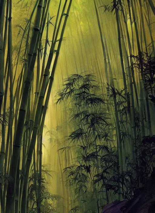 Image similar to bamboo forest, intricate, elegant, highly detailed, vivid colors, john harris, frazetta, sparth, ruan jia, jeffrey catherine jones