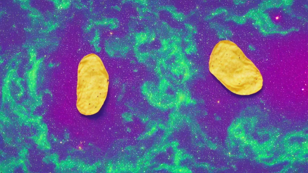 Image similar to psychedelic polaroid product photo of a perfectly shaped wavy ridged potato chip, levitating in the cosmic night sky