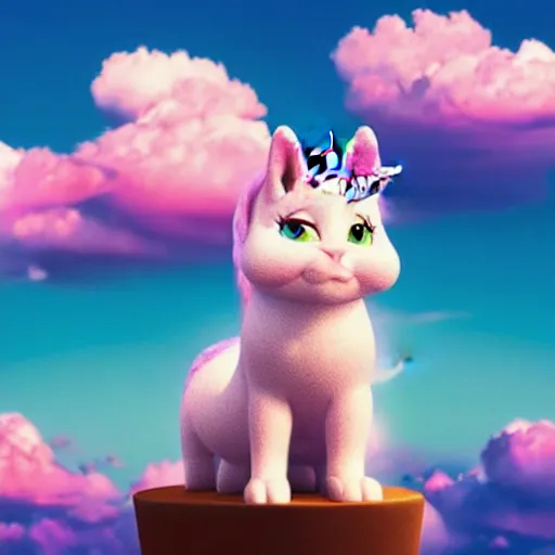 Prompt: very cute and tiny unicorn cat on Dahlia flower flying atop pink clouds, sky background, pixar style, cinematic lightning, award winning creature photography