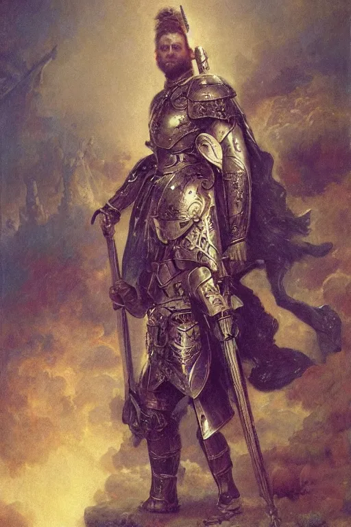 Image similar to a large broad - shouldered paladin warrior in intricate armor after a long battle, with a long broadsword, by adrian smith and delphin enjolras and daniel f. gerhartz and pierre auguste cot