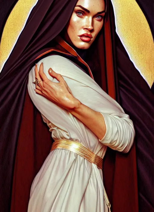 Image similar to portrait of megan fox as a sultry nun, catholic, church, bible, christian, intricate, headshot, highly detailed, digital painting, artstation, concept art, sharp focus, cinematic lighting, illustration, art by artgerm and greg rutkowski, alphonse mucha, cgsociety