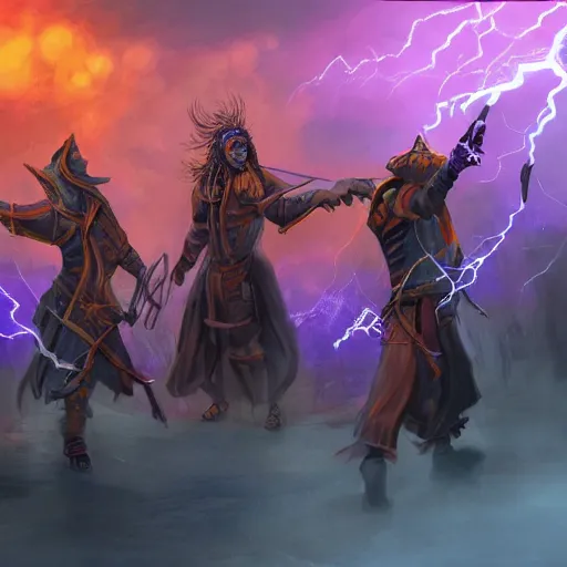 Prompt: A photo of a few sorcerers holding magic staffs and attacking people on the street with thunders, in the downtown, fire from sky, blue lightnings, dramatic purple thunders, golden meteors, war, dramatic shadows, powerful photo, magic, dramatic lighting, intricate, wild, highly detailed, digital painting, artstation, concept art, smooth, sharp focus, illustration, art by artgerm and greg rutkowski and alphonse mucha, footage