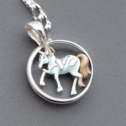 Image similar to a lovely silver cartoon unicorn necklace pendant, 3 d rendering, pandora style, tiffany style, swarovski style, van cleef & arpels style, cartier style, boucheron style, bulgari style, chaumet style, elegant, noble, stylish