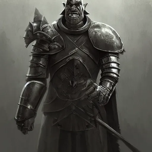 Prompt: handsome old grey orc wearing medieval suit of armor, illustration, concept art, art by wlop, dark, moody, dramatic