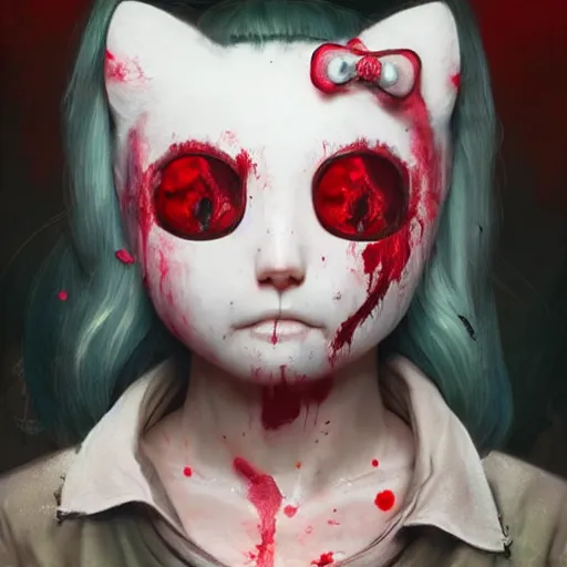 Prompt: portrait painting of a bloodied hello kitty serial killer, ultra realistic, concept art, intricate details, eerie, highly detailed, photorealistic, octane render, 8 k, unreal engine. art by artgerm and greg rutkowski and alphonse mucha