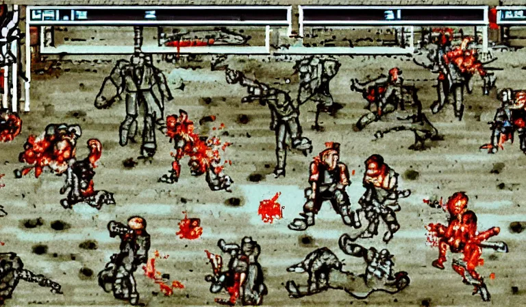 Image similar to Combat in a survival horror game, PS1, 2D sprites, gameplay screenshot, by Hieronymous Bosch