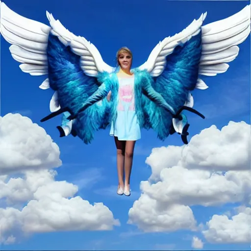 Image similar to bright blu sky. fluffy clouds. angels with big wings wake - up