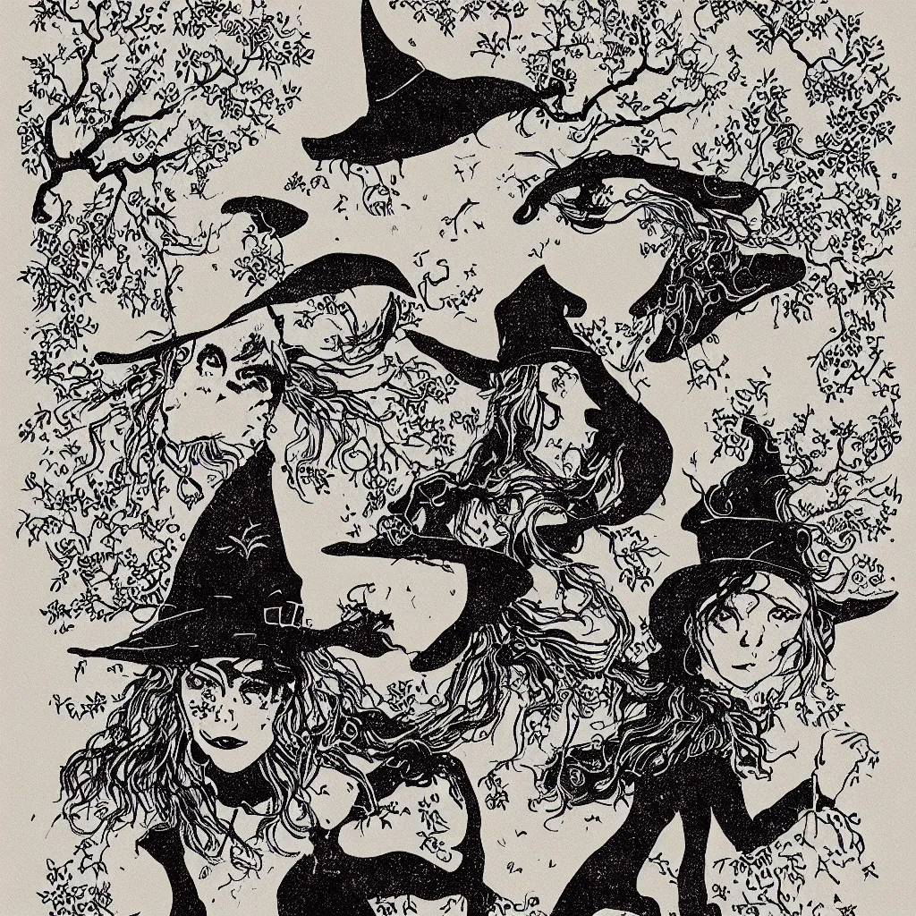 Image similar to risograph of a halloween witch, cute, minimalist,