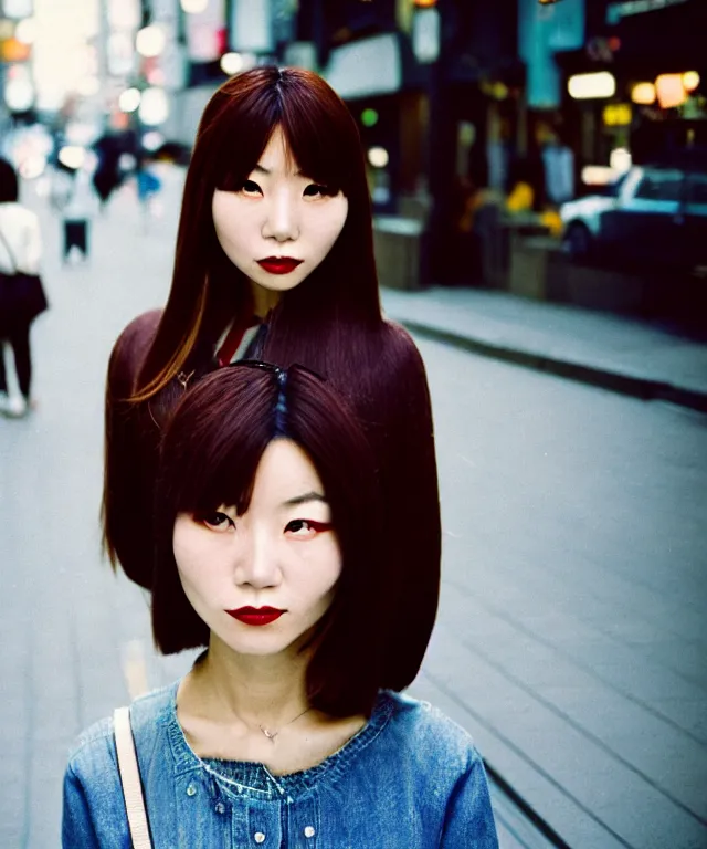 Image similar to a portrait street photograph shot on cinestill 5 0 d of a japanese woman in 9 0 s fashion with modest make up, hair died to a hazelnut brown, shot in shibuya tokyo on a 3 5 mm at f / 2. 8 and 1 / 1 2 0 0 shutter speed, print magazine quality, nostalgia, 8 k