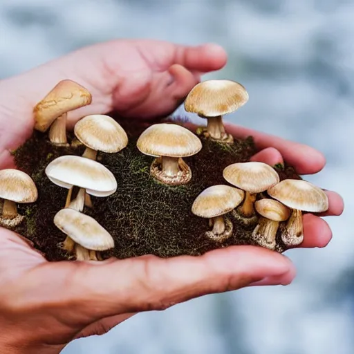 Prompt: iphone 1 3 pro photo of hands holding a golden teacher mushrooms