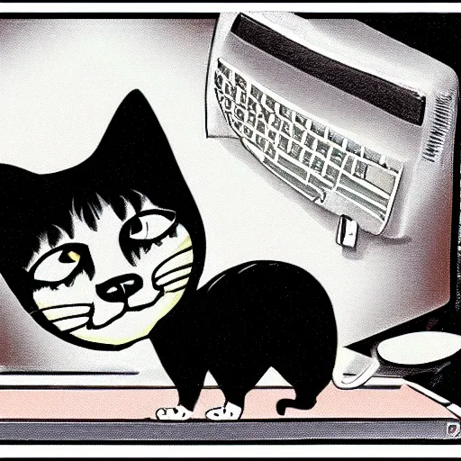 Prompt: computer monitor with a cat stuck inside, surreal, colorful, Ralph Bakshi