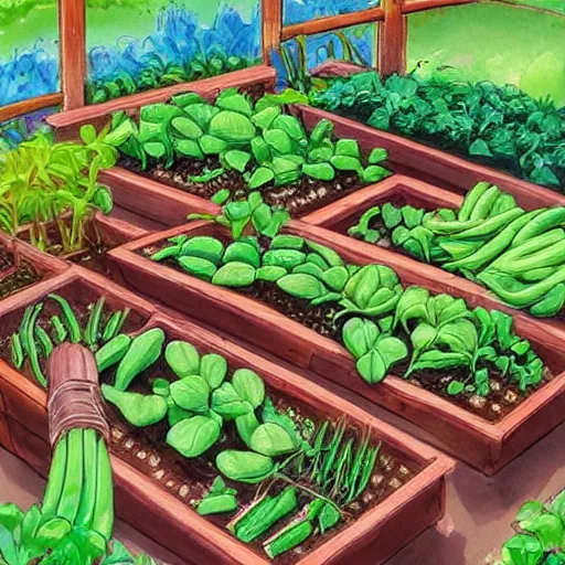Image similar to raised garden beds full of tomotoes and string beans, concept art, illustrated, highly detailed, high quality, bright colors, optimistic,
