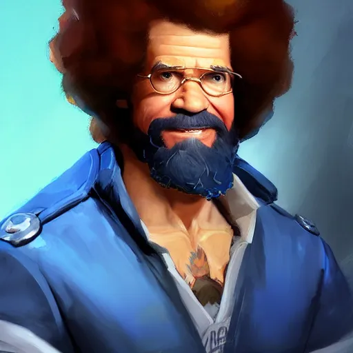 Image similar to Greg Manchess portrait painting of Bob Ross as Overwatch character, epic, medium shot, asymmetrical, profile picture, Organic Painting, sunny day, Matte Painting, bold shapes, hard edges, street art, trending on artstation, by Huang Guangjian and Gil Elvgren and Sachin Teng