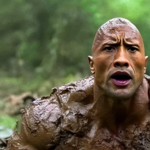 Image similar to film still of dwayne johnson as major dutch, covered in mud, hiding from the predator in swamp scene in 1 9 8 7 movie predator, hd, 8 k