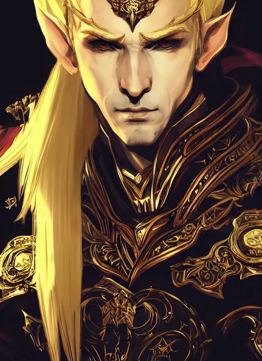 Prompt: portrait of an evil handsome blonde elf in ornate royal attire. in style of yoji shinkawa and hyung - tae kim, trending on artstation, dark fantasy, great composition, concept art, highly detailed, dynamic pose, vibrant colours.