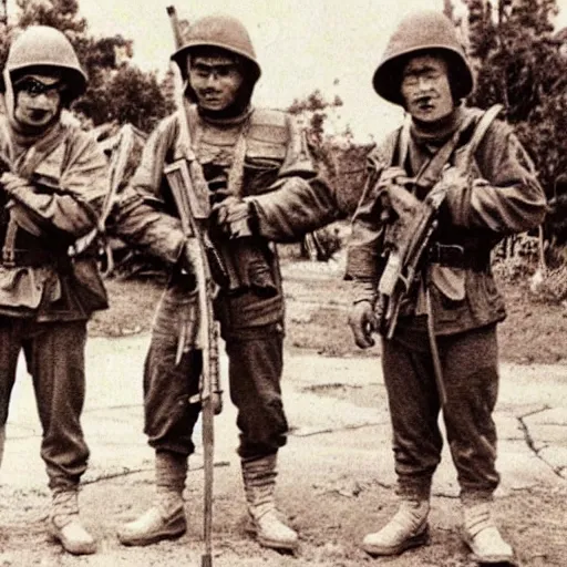 Prompt: old photo of smurfs wearing japanese soldier gear