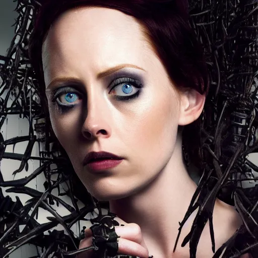 Image similar to Deborah Ann Woll as Regina Scissorhands in Edward Scissorhands Remake, (EOS 5DS R, ISO100, f/8, 1/125, 84mm, postprocessed, crisp face, facial features)