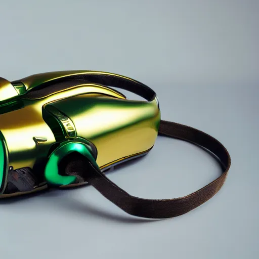 Prompt: product photography of a glossy green metallic and gold metallic shiny futuristic virtual reality headset reimagined like shelby ac cobra 4 2 7 ( 1 9 6 6 ), studio lighting, - c 1 3 - w 1 0 2 4 - h 1 0 2 4 - n 4