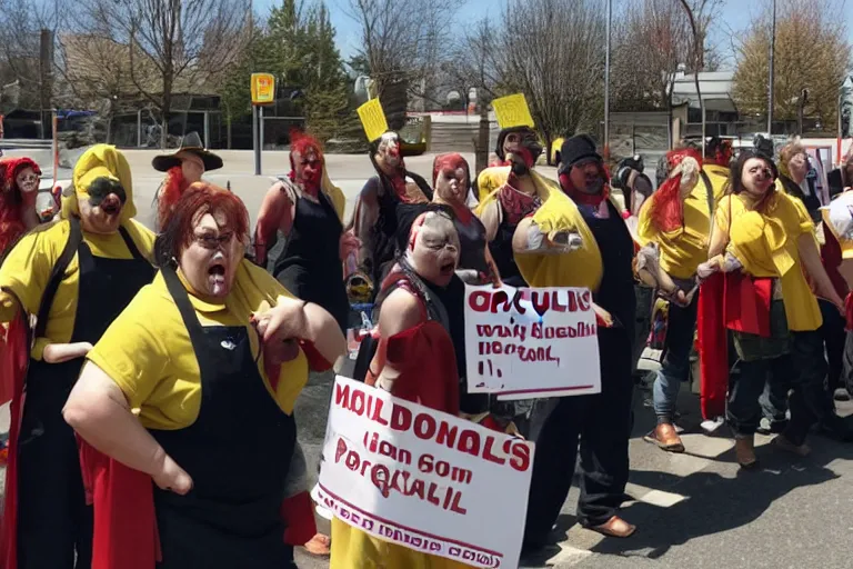 Image similar to cellphone photograph of a group of orcs protesting the working conditions in a mcdonalds parking lot. daylight. mcdonalds uniforms, aprons. picket signs