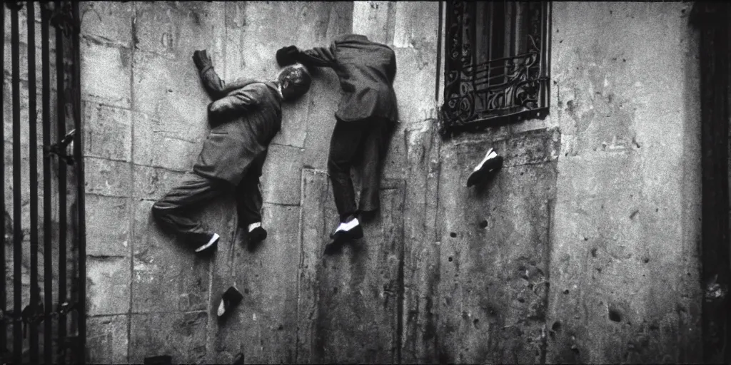 Image similar to detailed medium format photo, polaroid still from an old french movie, sleazy man trying to climb over a wall in night streets of paris, haze, high production value, intricate details, 8 k resolution, hyperrealistic, hdr, photorealistic, high definition, tehnicolor, award - winning photography, masterpiece, amazing colors