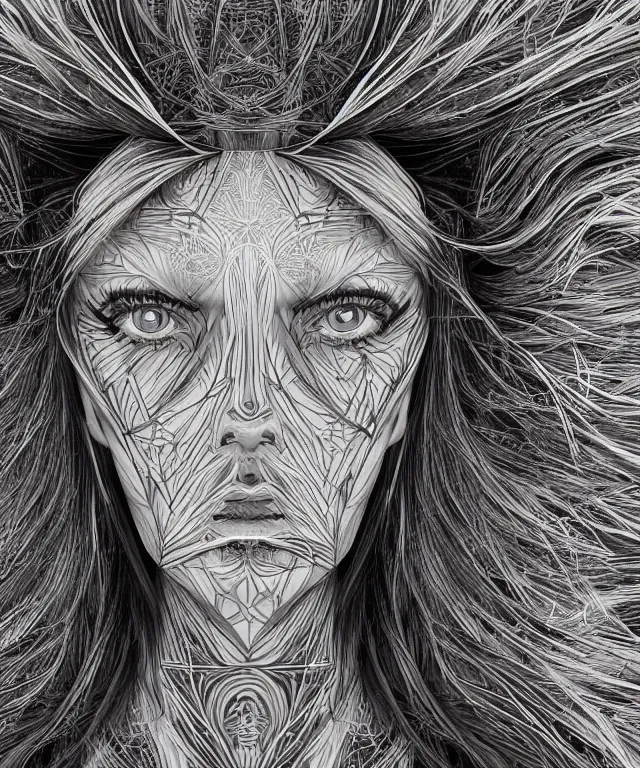 Image similar to A epic photo illustration of beautiful woman symmetrical portrait by Michael Sydney Moore, Alex Grey, hyper detailed, 50mm, award winning photography