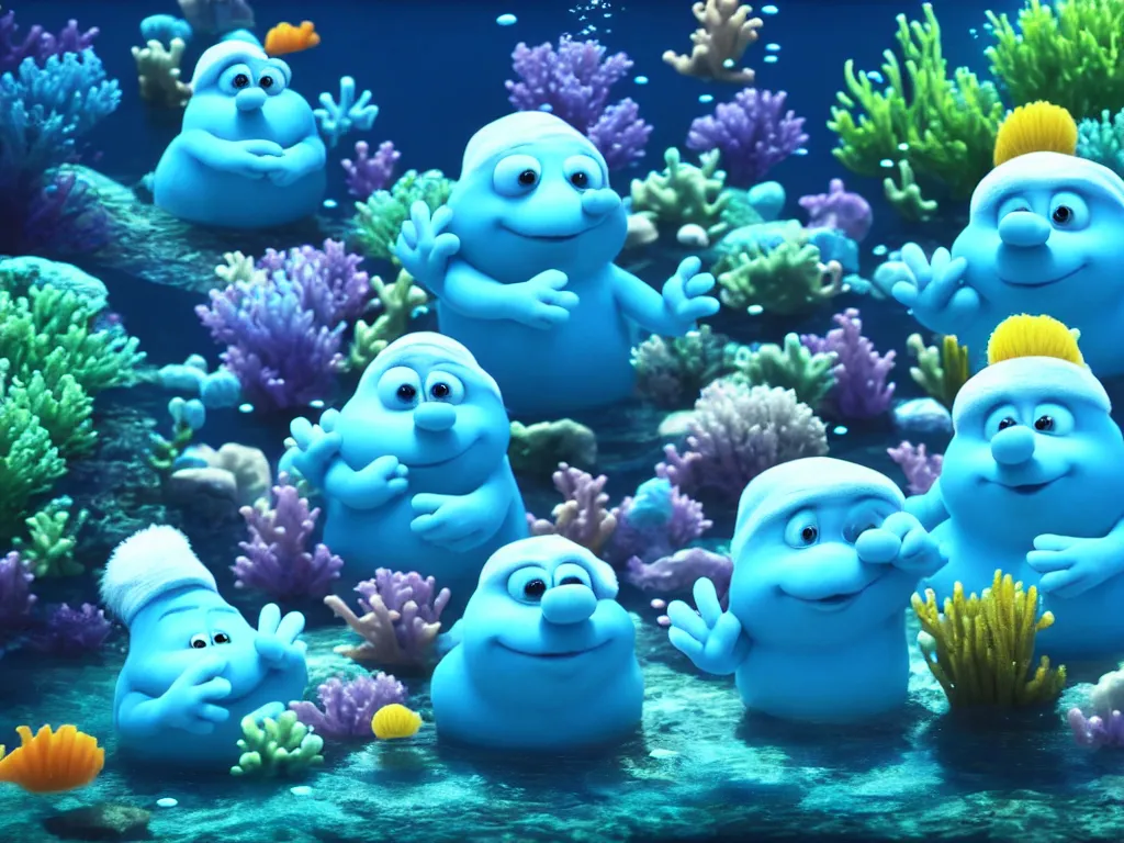 Prompt: underwater smurfs wearing white hats swimming with bioluminescent fishes, photorealistic painting, cgi, low volumetric light, movie still, very cute and cozy and fluffy and sweet