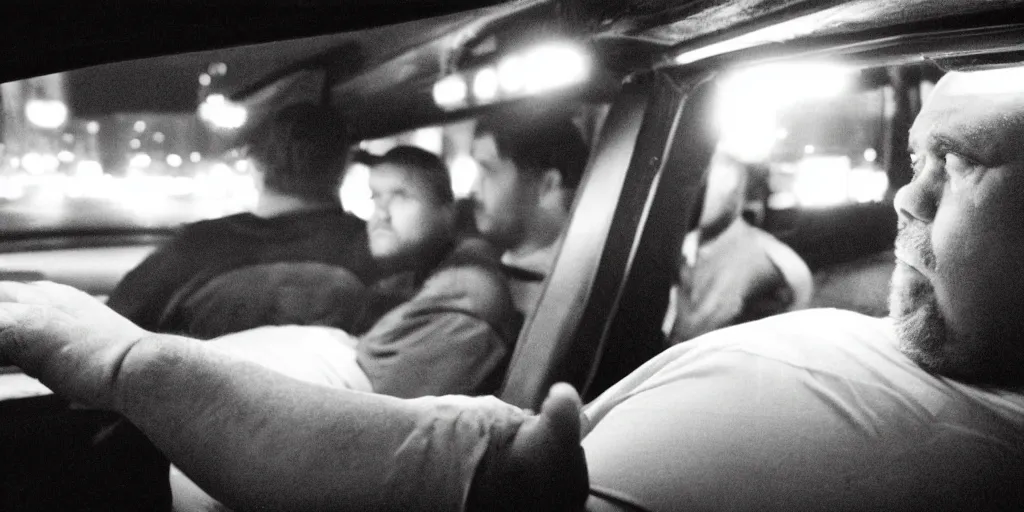 Image similar to low angle camera shot of a overweight drunk man sitting in a taxi by night, moody cinematography of roger deakins, shot on film, grain, hyper realistic ,