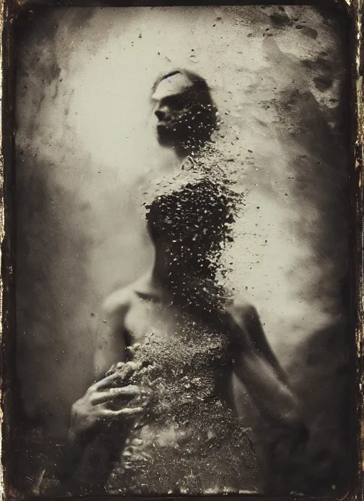 Image similar to old wetplate daguerreotype portrait, explosion of data fragments, fractal, intricate, elegant, highly detailed, parallax, leica, medium format, subsurface scattering, by marie harnett