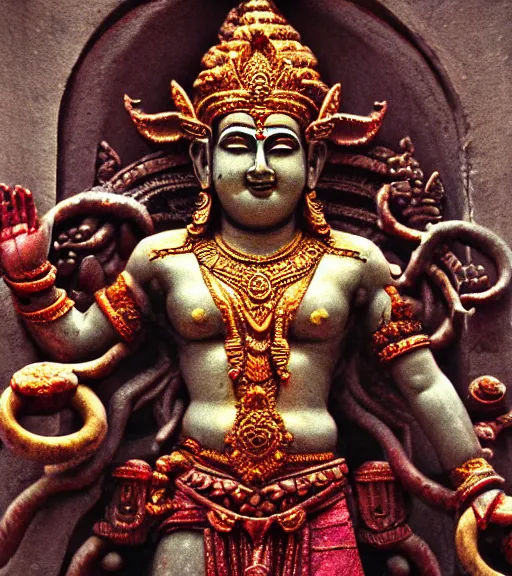 Image similar to mystical hindu blood god, film photo, grainy, high detail, high resolution