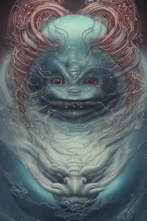 Image similar to a portrait of a deep sea japanese devil animal illustrated by miyazaki by karol bak, james jean, tom bagshaw, rococo, sharp focus, trending on artstation, cinematic lighting, hyper realism, octane render, 8 k, hyper detailed, vivid, ultra detailed, highly detailed