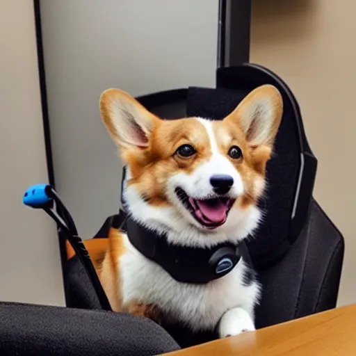 Prompt: corgi on a gaming chair wearing a gaming headset, webcam photo
