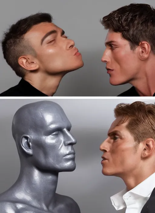 Image similar to a handsome sculpted face twice the size of a human, examining a handsome giant's face, running your hand across the cheekbones and dimples of a giant, face focus, wholesome, romantic