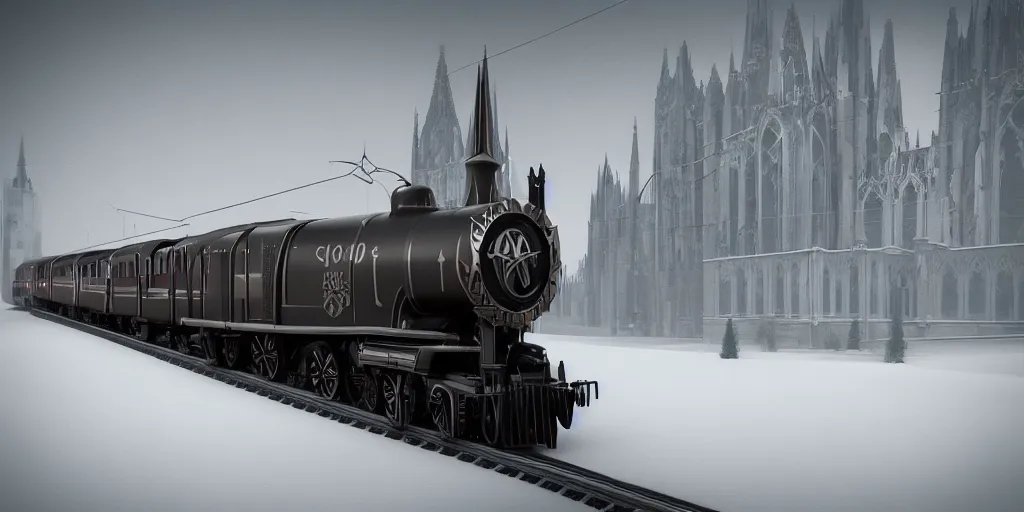 Image similar to gothic cathedral streamline retro art Deco train, gothic design train, dark metal, cone shaped, arrow shaped, snow, octane render, artstation, HD, realistic, medieval, high details