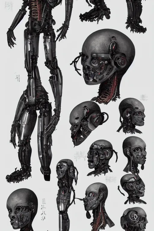 Prompt: cyborg cyclopes with gunmetal grey skin, medical anatomy, cyberpunk face, highly detailed, japanese, mecha asthetic, mechanical implants, three - view reference sheet ( front / back / side ), in the style of dan ouellette, dren from splice, hr giger, sil from species, artstation, unreal engine