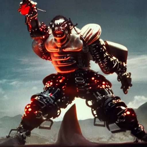 Prompt: very big very buff very strong very huge samurai wearing a futuristic cybernetic scifi oni mask, movie still