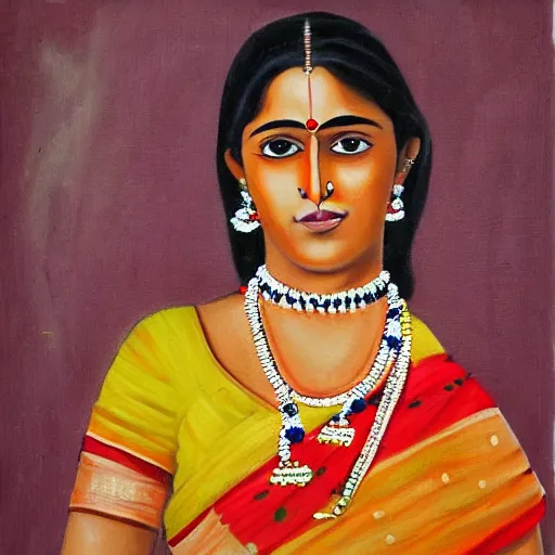 Image similar to realistic painting of a women from maharashtra in saree from 2 0 th century making chapati