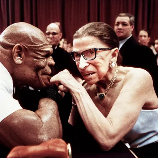 Image similar to Ruth Bader Ginsburg arm wrestling Mike Tyson, 4k, photo realistic, by Ansel Adams