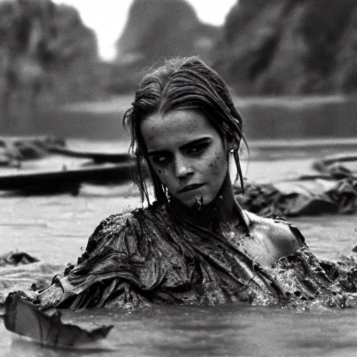 Image similar to film still, close up, emma watson rising out of muddy vietnam river, face covered in mud, low camera angle at water level, night time, film still from apocalypse now ( 1 9 7 9 ), 2 6 mm