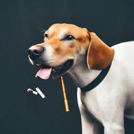 Image similar to a high detail closeup photograph of a dog wearing a suit 👔,and smoking a cigarrette🚬, award wining photograph