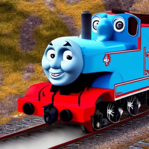 Prompt: the most smug, insane, evil, satanic looking Thomas the tank, ultra realistic 4k rendered in redshift