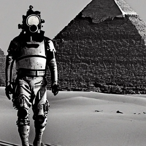 Prompt: a heavily armored man wearing a gasmask, walking over sand dunes, pyramid in background, as an album cover, illustrated by richard powers