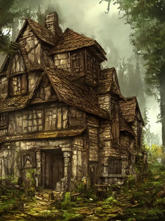 Image similar to old house in the woods, highly detailed, digital art, sharp focus, raytracing, trending on art station, warhammer fantasy setting,