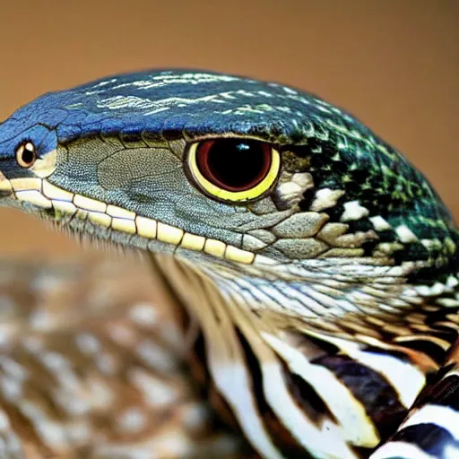 Prompt: snake and hawk morphed together, half snake half hawk, reptilian and avian features, real photo taken in zoo