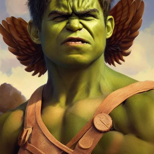 Image similar to a baby hulk with wings flying with birds, oil on canvas, portrait, intricate, 8k highly professionally detailed, HDR, CGsociety