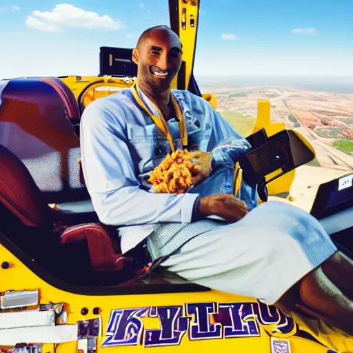 Prompt: Kobe Bryant sitting in a helicopter cockpit and holding a Kentucky fried chicken bucket, hyper detailed, 8k resolution