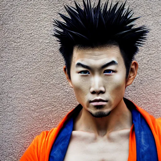 Image similar to photorealistic human goku, goku as an asian man, goku in real life, spiky hair, orange gi, asian human, realistic photography, human goku, photography, cinematic