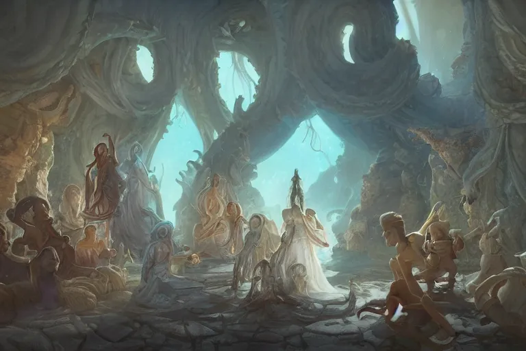 Image similar to the muses. sacred singers they who took up the strings of the deep ocean kraken, and turned the cacophony of an angry world into songs of unity and peace. morning lighting hopeful, sun beams cinematic fantasy painting, dungeons and dragons, jessica rossier and brian froud